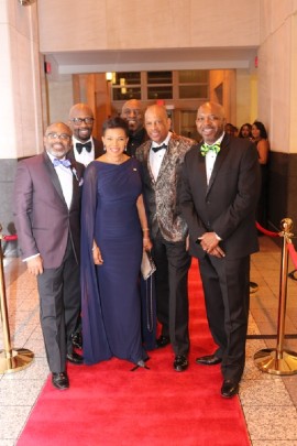 Jamaica’s ambassador to the United States Audrey Marks center is flanked by committee members of Washington, DC-based David “Wagga” Hunt Scholarship Foundation (DWF From left to right are Lloyd Anderson, Michale McPherson , Garth Pottinger , Chairman of the Committee Christopher Hunt and Loxley at the 2019 fundraising gala. O’Conner. (Photo courtesy of Derrick Scott)