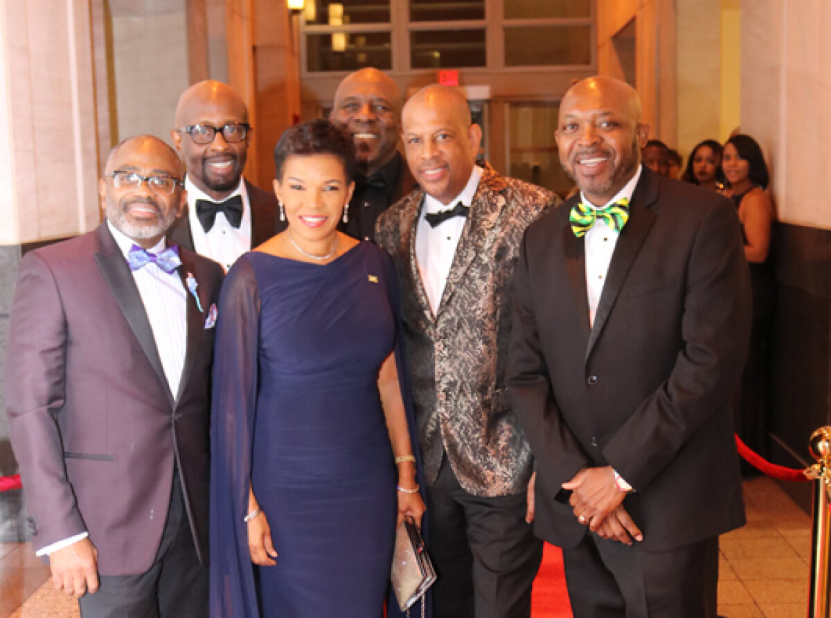 Jamaica’s ambassador to the United States Audrey Marks centre is flanked by committee members of Washington, DC-based  David “Wagga” Hunt Scholarship Foundation (DWF at the 2019  fundraising gala left to right are  Lloyd Anderson Michale McPherson  Garth Pottinger  Chairman of the Committee Christopher Hunt and Loxley O’Conner.	