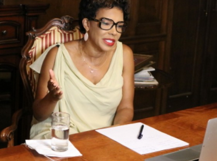 Ambassador Audrey Marks addresses her first monthly on-line meeting with the diaspora  entitled: “Lets Chat with Ambassador Marks.( PHOTO CRDIT DERRICK SCOTT)