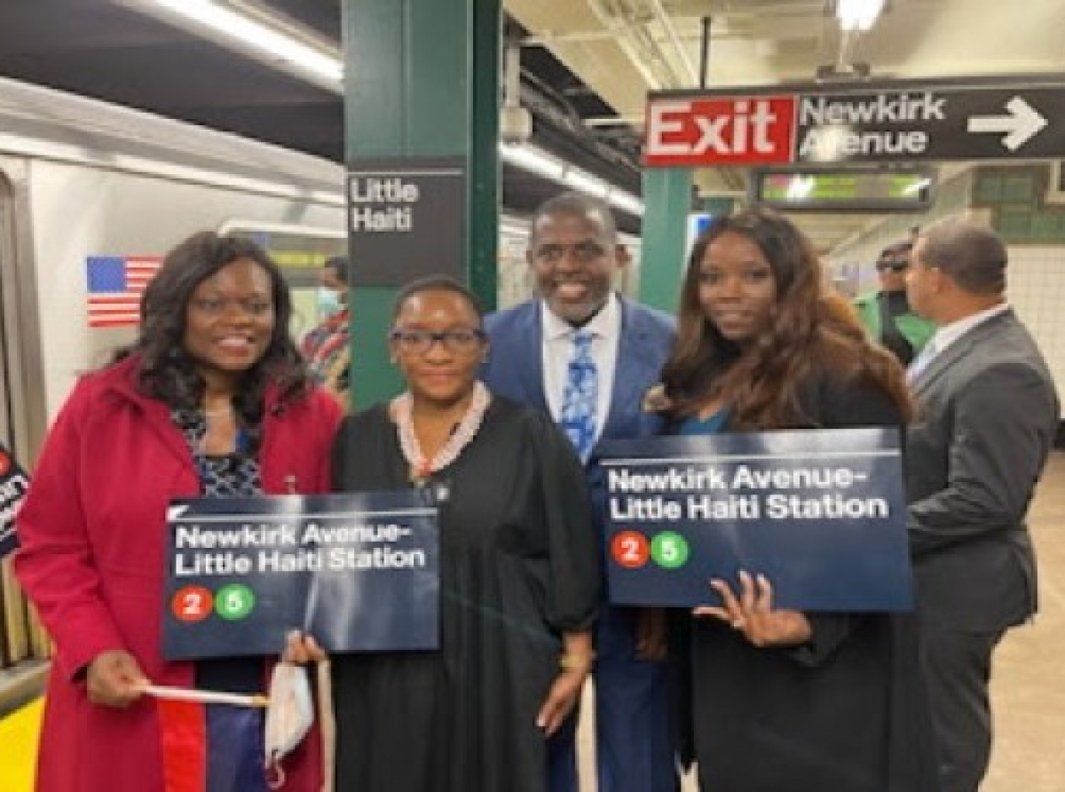 Haitian American New York State Assemblywoman Rodneyse Bichotte Hermelyn (left), with colleagues at Little Haiti Subway Station in Flatbush, Brooklyn