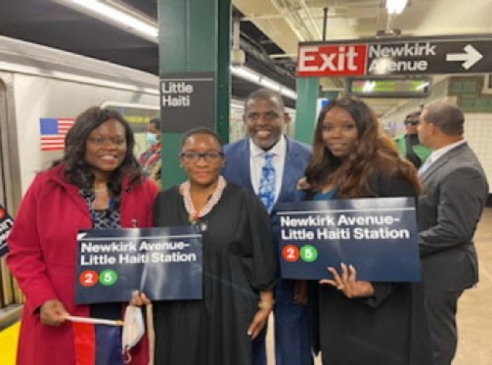 Haitian American New York State Assemblywoman Rodneyse Bichotte Hermelyn (left), with colleagues at Little Haiti Subway Station in Flatbush, Brooklyn