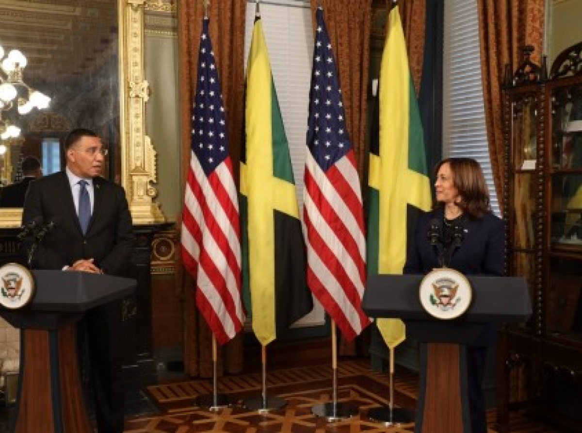 Prime Minister Andrew Holness has the rap attention of the United States Vice President Kamala Harris as he deliver remarks after they held discussions at her Office at the Eisenhower Executive Office Building on the White House complex. (Photo by Derrick Scott)