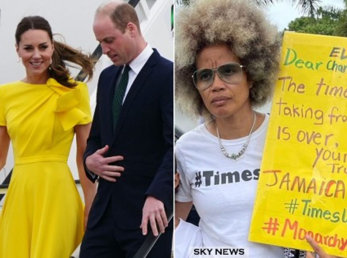 The Duke and Duchess of Cambridge arrived in Kingston, Jamaica on March 22, 2022, to protests. Opal Adisa (right) says the pair are ‘complicit’ in the consequences of slavery because they continue to benefit from its legacy. (Sky News image)