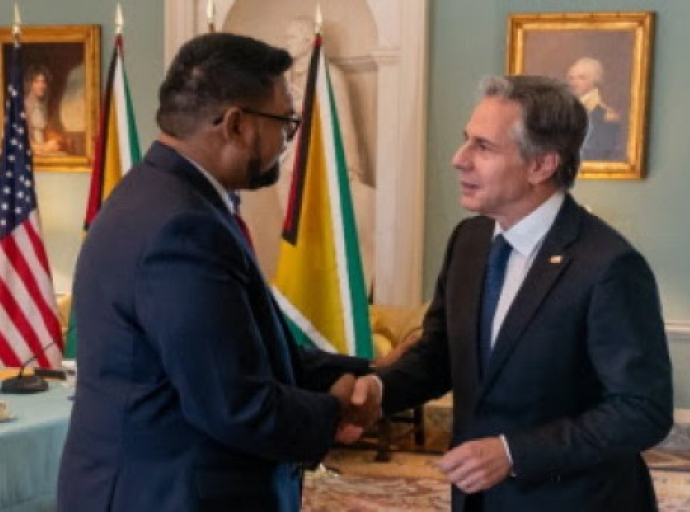 Guyana President Dr. Irfaan Ali (right) being greeted by US Secretary of State, Antony J. Blinken (US State Department photo)