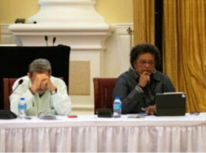 Barbados Prime Minister Mia Mottley (Right) and her St. Vincent and the Grenadines colleague Dr. Ralph Gonsalves at CARICOM special meeting on Haiti (Photo PMO Barbados)