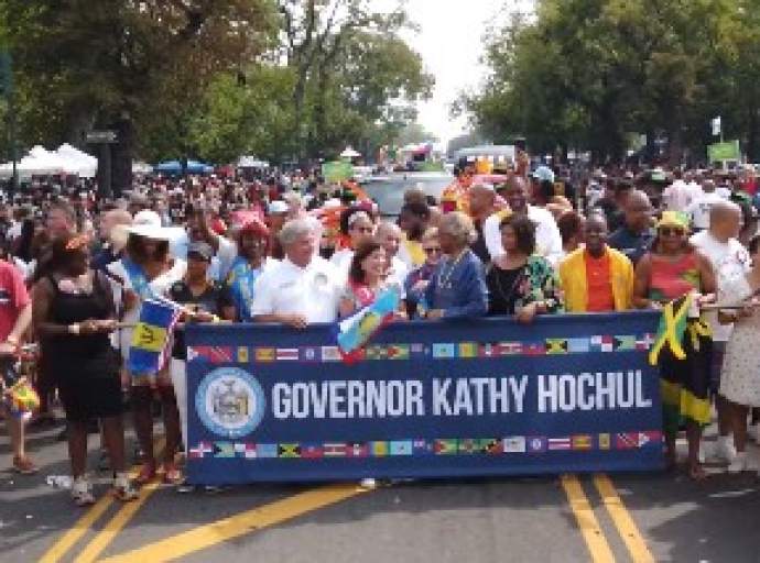 Governor Kathy Hochul waves during West Indian American Day Carnival Parade on Labor Day, Monday (Caribbean Today Photo)