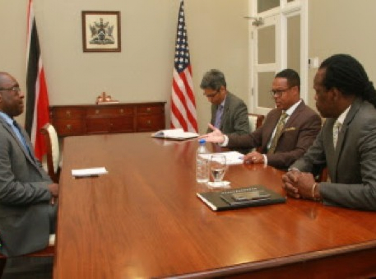 National Security Minister Fitzgerald Hinds, Foreign and CARICOM Affairs Minister, Dr. Emery Browne and an unidentified government official in talks with US Charge D’Affaires Shante Moore (Photo courtesy Ministry of Foreign Affairs)