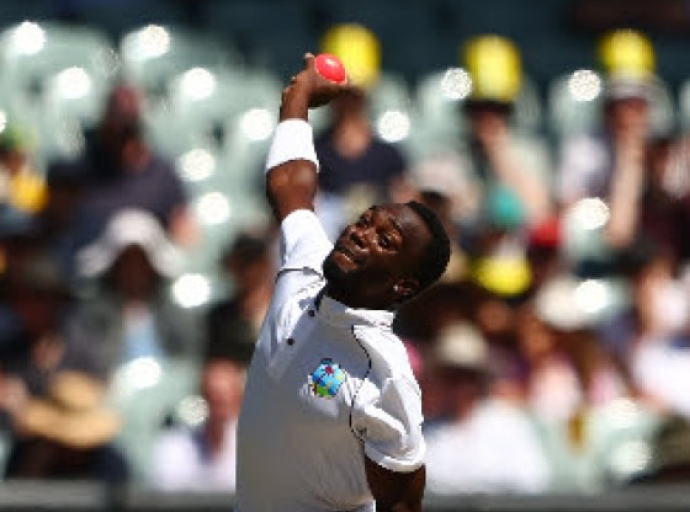 Fast bowler Marquino Mindley sends down a delivery during his brief two-over spell on the opening day of the second Test. (Photo courtesy CWI Media)