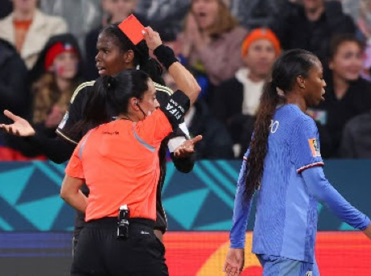 Reggae Girl Khadija Shaw gets shown a red card in the dying moments against France on Sunday.