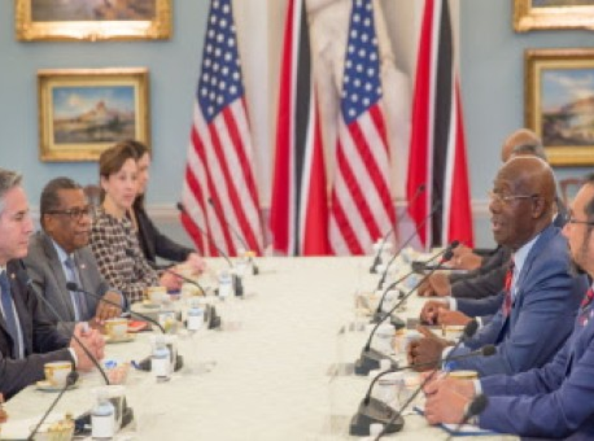 Trinidad and Tobago Prime Minister Dr Keith Rowley and his delegation, meeting with US Secretary of State, Antony Blinken and his delegation on Monday (Photo courtesy Office of the Prime Minister)