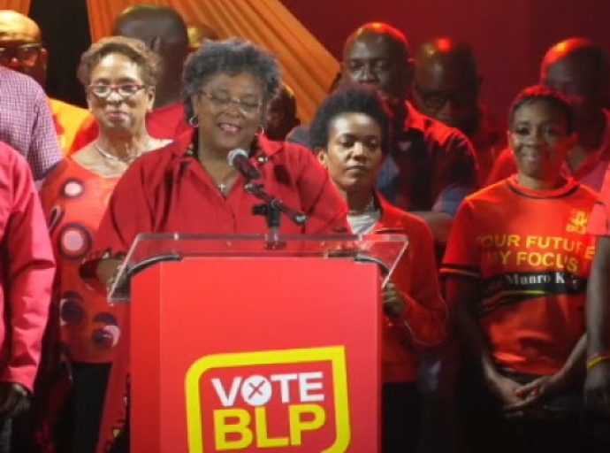 Prime Minister MIa Mottley addressing supporters early Thursday morning after her Barbados Labour Party won the general election (CMC Photo)