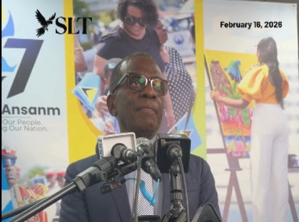 Prime Minister Phillip J Pierre speaking at the Cabinet news conference on Monday (CMC Photo)