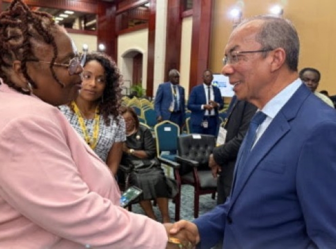 National Security and Peace Minister, Dr. Horace Chang greeting a delegate at the Jamaica Diaspora conference on Tuesday (Photo courtesy Ministry of Justice and Peace)