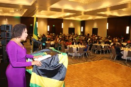 Jamaica’s Ambassador to the United States, Her Excellency Audrey Marks delivers her independence message at the Atlanta Jamaica Association (AJA) Annual Independence Ball and Scholarship Awards at the Atlanta Airport Marriott Hotel, on Saturday August 12th 2023. (Photo by Derrick Scott)