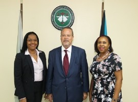 Attorney General and Minister of Legal Affairs Carl Bethel, QC, at courtesy call with President of the Industrial Tribunal Indira Demeritte Francis (left), along with Permanent Secretary, Ministry of Legal Affairs Cecilia Strachan. (BIS Photo/Patrick Hanna)