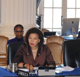 Jamaica’s Permanent Representative to the OAS and Ambassador to the United States, Audrey Marks pays tribute to Jamaica’s former representative to The Organization of American States (OAS) and Ambassador to the United States, Richard Bernal, during a Speaking at a special sitting of the Permanent Council of the Organization of American States in the Hall of the Americas in Washington DC. Sitting directly behind the ambassador is Jamaica’s alternate representative to the OAS Mrs. Nicholette Williams. (Photo by Derrick A Scott)