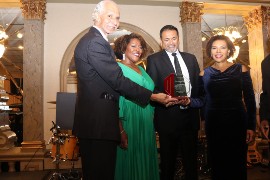Jamaica’s Ambassador to the United States, Her Excellency Audrey Marks along with Ambassador Curtis Ward presents the Marcus Garvey Award to Emmy award winning journalist from the CBS channel 9 station in Washington DC, Jamaican born Larry Sindass at the Jamaica Association of Maryland Independence Ball at Martin’s West, on Saturday 19thAugust 2023. Beside Mr. Sindass is his wife Dr. Lisa Boynes-Sindass. (Derrick Scott Photo).