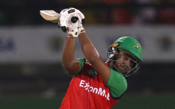Saim Ayub hits out during his half-century for Guyana Amazon Warriors on Wednesday. (Photo courtesy CPLT20/Getty Images)