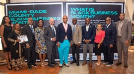 (From L-R) BAAB Board Member LaChanze Thomas, BAAB Program Director Retha Boone-Fye, BAAB Chairman Pierre Rutledge, GMCVB Multicultural Tourism & Development Director Petra Brennan, GMCVB President & CEO David Whitaker, Vice Chairman Oliver G. Gilbert III, Commissioner Kionne L. McGhee, Commissioner Jean Monestime, BAAB Board Member Dr. Tisa McGhee, Miami-Dade Economic Advocacy Trust Executive Director William “Bill” Diggs, and Deputy Director from the Office of the Mayor Michaeljohn Green  Photo by Godfrey Mead, Miami-Dade County