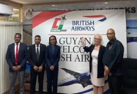 From left: Chief Executive Officer (CEO) of the Cheddi Jagan International Airport, Ramesh Ghir; Ministry of Public Works, Deodat Indar; Minister of Tourism, Industry and Commerce Oneidge Walrond; Minister of Public Works, Bishop Juan Edghill and British High Commissioner to Guyana, Jane Miller.