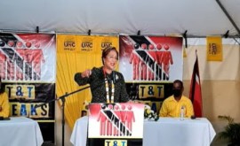 Opposition Leader Kamla Persad Bissessar addressing party supporters on Thursday night (CMC Photo)