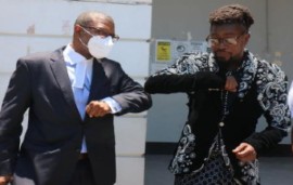 Dancehall entertainer, Beenie Man (right), with his attorney Roderick Gordon after his court appearance (Jamaica Observer newspaper Photo)