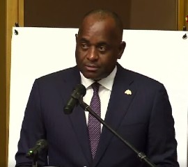 Dominica’s Prime Minister and CARICOM chairman, Roosevelt Skerrit addressing China-Caribbean consultation on Friday (CMC Photo)
