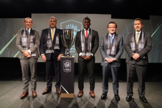 Concacaf president Victor Montigliani (second from left) is flanked by other Concacaf officials during the launch of the new Champions League format – Concacaf photo.