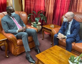 Prime Minister Roosevelt Skerrit (Left) in talks with CTBTO executive secretary Dr. Robert Floyd. (via Robert Floyd on Twitter)