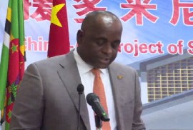 Prime Minister Roosevelt Skerrit, speaking at the ground breaking ceremony for the schools (CMC Photo)