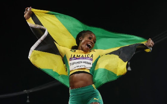 Jamaican Elaine Thompson-Herah celebrates her gold at the Commonwealth Games on