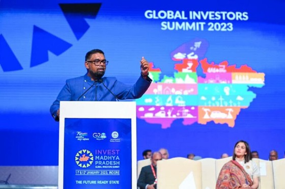 President Irfaan Ali addressing the Global Investors Summit in India.