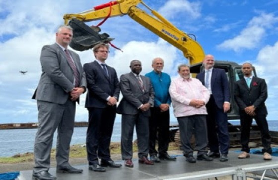Prime Minister Dr. Ralph Gonsalves (in white shirt Jacket) with UK and CDB officials at the launch of the project.