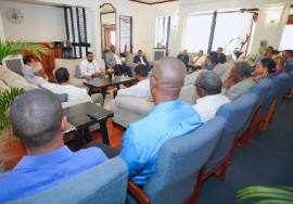 President Dr. irfaan Ali meeting with GPL board and management officials on Tuesday (DPI Photo)