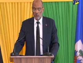 Haitian Prime Minister Dr. Ariel Henry addressing conference on Haiti in Jamaica on Sunday (CCMC Photo)