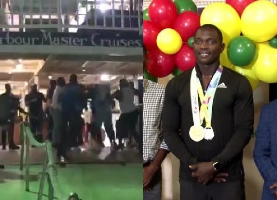 A screenshot (left) of the video in which world javelin champion Anderson Peters (right) was seen being assaulted.