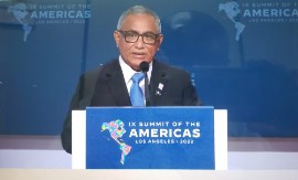 CARICOM Chairman John Briceño addressing a plenary session at the 9th Summit of the Americas on Thursday.