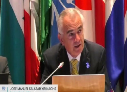 José Manuel Salazar-Xirinachs speaking at news conference on Monday (CMC Photo)