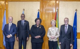 President Paul Kagame (second from left) is joined by Barbados Prime Minister Mia Mottley, third from left, Ursula von der Leyen, President of the EU Commission (fourth from left); Werner Hoyer, President of the European Investment Bank Group (right); and Holm Keller, Chairman of kENUP Foundation, at the launch of Pharmaceutical Equity for Global Public Health Initiative.