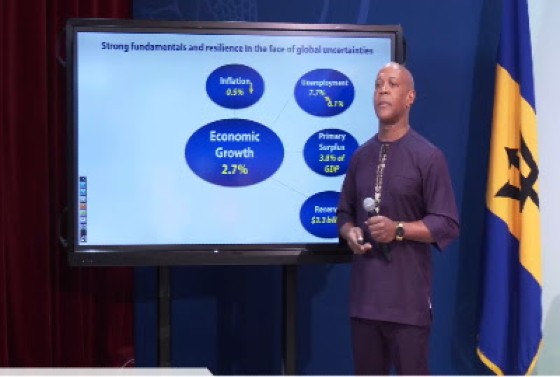 Governor of the Central Bank of Barbados, Dr. Kevin Greenidge addressing the review of the Barbados economy (CMC Photo)