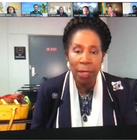 United States Congresswoman Sheila Jackson Leeaddressing an online town hall meeting hosted by Jamaica’s Ambassador to the US, Audrey Marks on Thursday July 22rd. (PHOTO Derrick Scott)