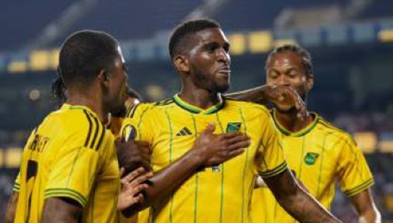 Jamaica’s Damion Lowe celebrates his third international goal on Saturday night.