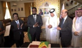 resident Dr Mohamed Irfaan Ali, Senior Finance Minister, Dr Ashni Singh and Qatari officials at the opening of the Guyana Embassy in Qatar on Tuesday (Doha News photo)