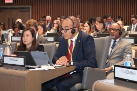 Health and Wellness Minister Dr Christopher Tufton, delivers Jamaica’s statement at the 63rd Directing Council of the Pan American Health Organization (PAHO) at is headquarters in Washington, D.C. on Monday 28th 2026. Seated directly behind Minister Tufton is Permanent Secretary in the Ministry of Health and Wellness, Dunstan Bryan, (Photo by Derrick Scott)