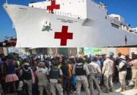 Haitians demonstrate against presence of US Naval hospital ship in composite photo, calling for deployment instead of military personnel