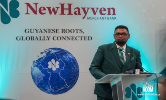President Ali addressing launch of first merchant bank in Guyana in 30 years.
