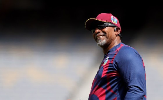 Phil Simmons reacts during a West Indies training sesson on the ongoing tour of Australia.