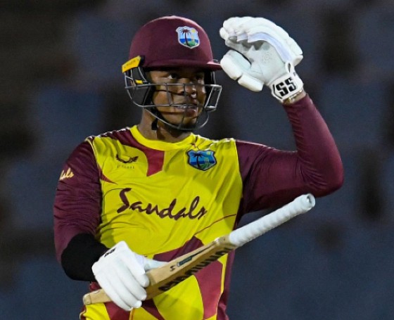 Left-hander Shimron Hetmyer salutes the dressing room after scoring his second T20 International fifty on Saturday night.