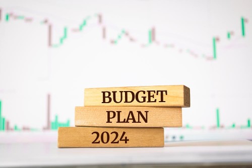 Wooden blocks with words 'BUDGET PLAN 2024'. Business concept