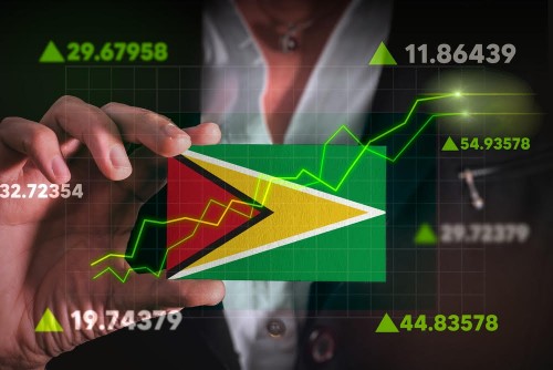 Graph growing up in Front Of Guyana Flag. business state growing up concept. 
